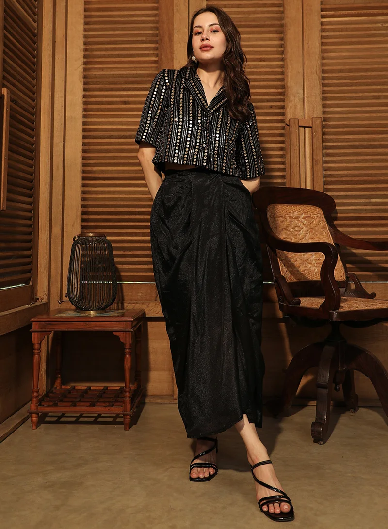 Qissa  Women's Onyx Black Aureate Mirror Co-Ord Set For Casual Wear | Cuban Collar | Short Regular Sleeves | 2 Piece Co-Ords Designed With Comfort Fit For Everyday Ethnic Wear for Women | Best Price UAE
